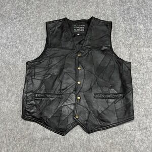 Italian Stone Design Leather Vest Mens XL Black Snap Front Patchwork Moto Biker